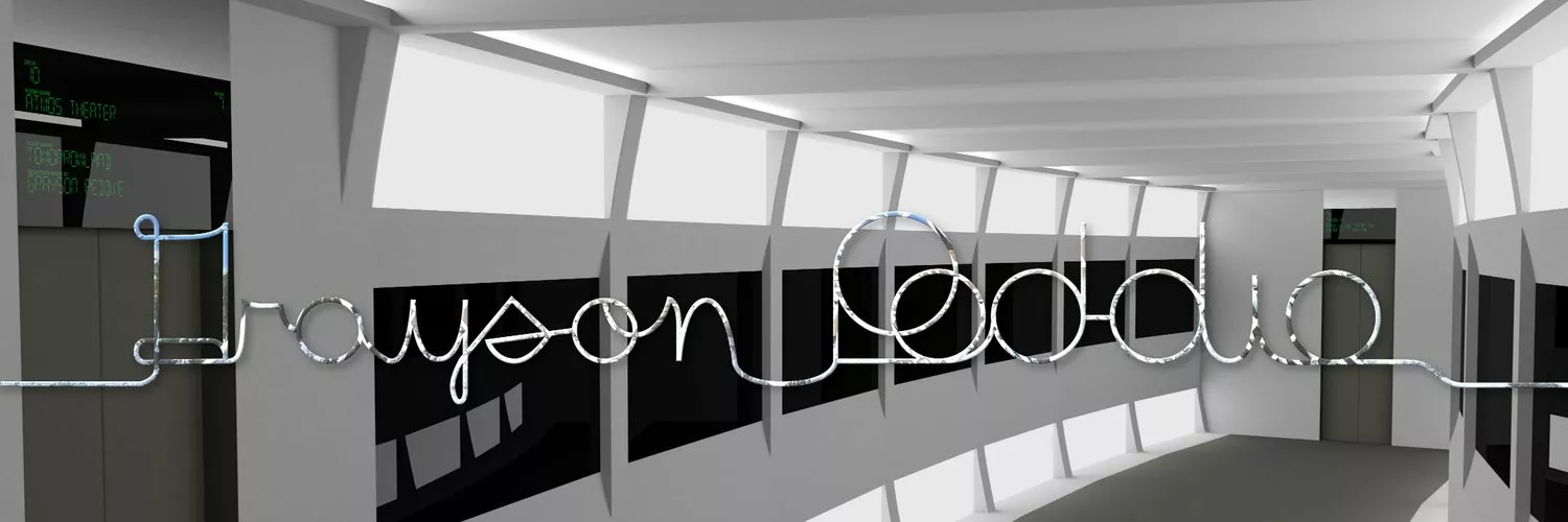 A corridor in a spaceship which has my name "Grayson Peddie" written over an image.