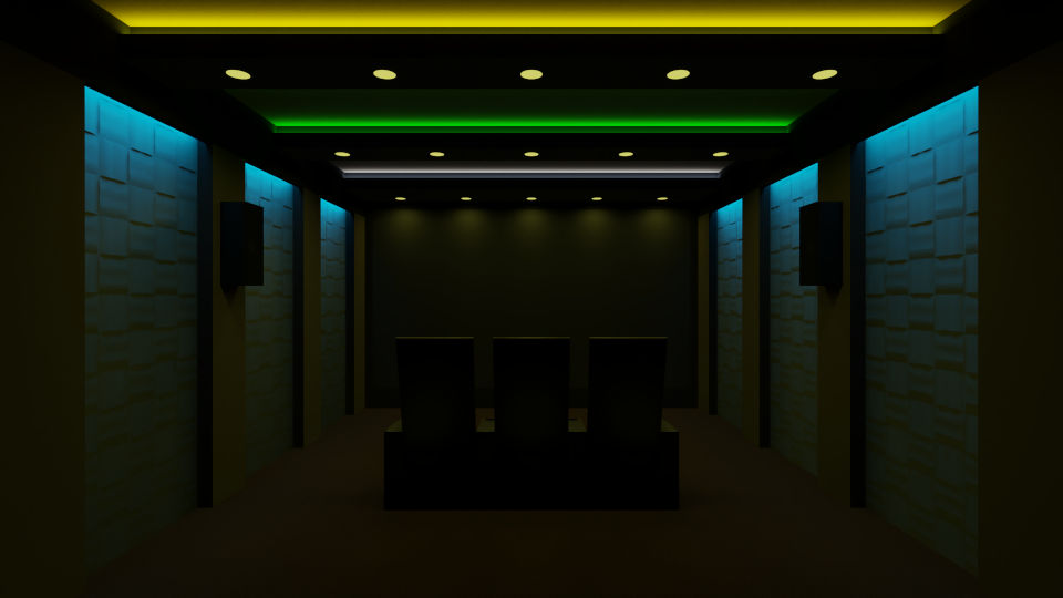 Home theater rendered in Blender with 3 chairs and cup holders between chairs